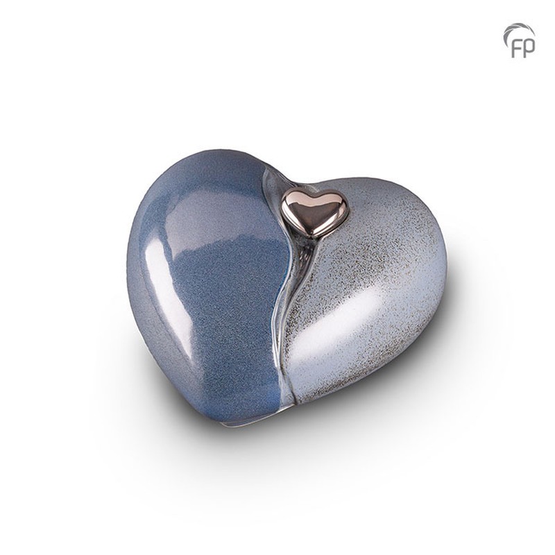 Urn keramiek Hart met mini-hart blauw/grijs